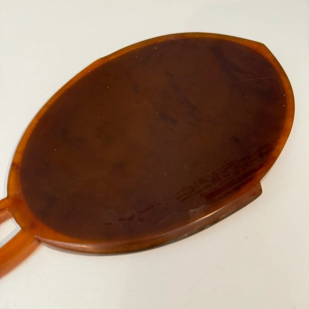 Vintage Faux Tortoiseshell Hand Mirror Oval Beveled Glass Art Deco Amber 14.5